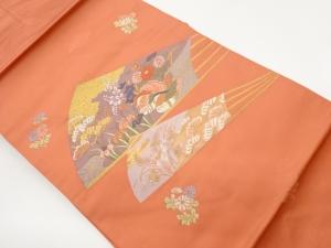 扇に松・草花・鴛鴦模様織出し名古屋帯